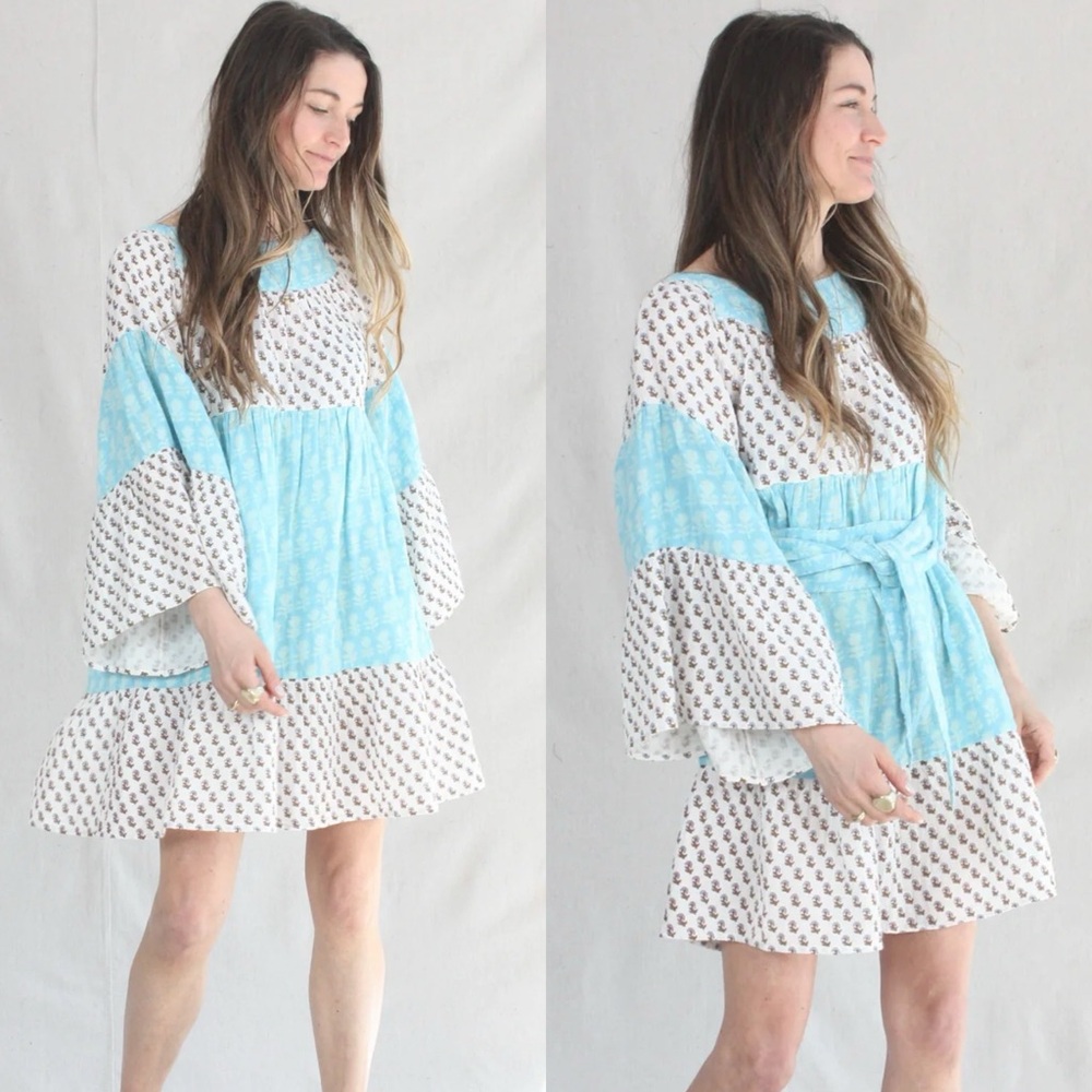 Anaak Talitha Blockprint Mini Dress Bluebell Lily Mix - Picture 3 of 10